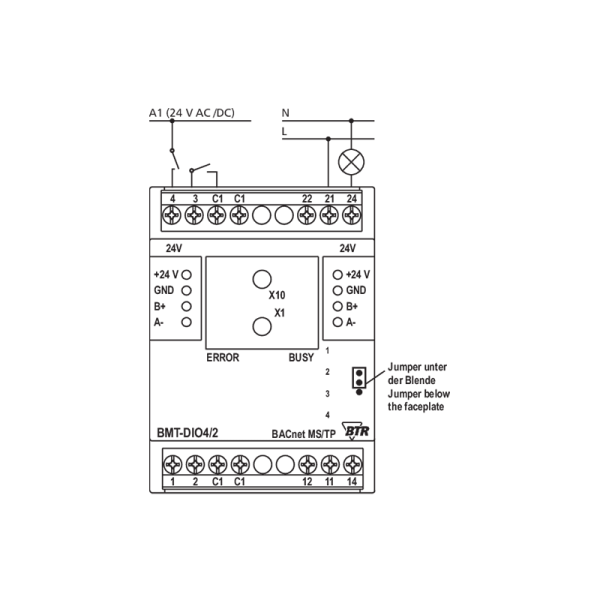 Module BACnet MS/TP avec 4 entrées digitales et 2 sorties relais - BMT-DIO4/2