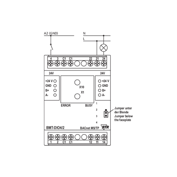 Module BACnet MS/TP avec 4 entrées digitales et 2 sorties relais - BMT-DIO4/2