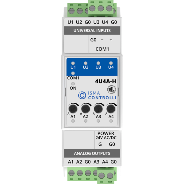 Module entrées-sorties universelles et analogiques Modbus RS485 ou BACnet MSTP - iSMA-B-4U4A-H