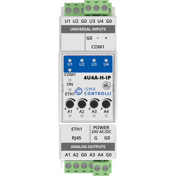 Module entrées-sorties analogiques et digitales Modbus IP ou BACnet IP - iSMA-B-4U4A-H-IP