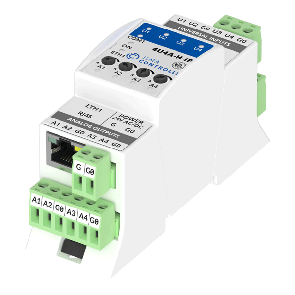 Module entrées-sorties analogiques et digitales Modbus IP ou BACnet IP - iSMA-B-4U4A-H-IP