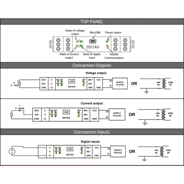 Modules entrées-sorties analogiques et digitales Modbus RS485 - SFAR-1M-2DI1AO